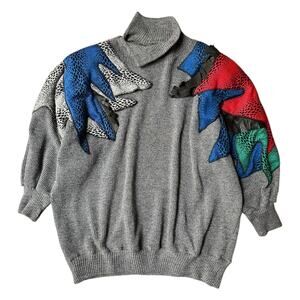 Vintage Mermini Patchwork Appliqué Split Collar Sweater One Size (S-XL), Gray